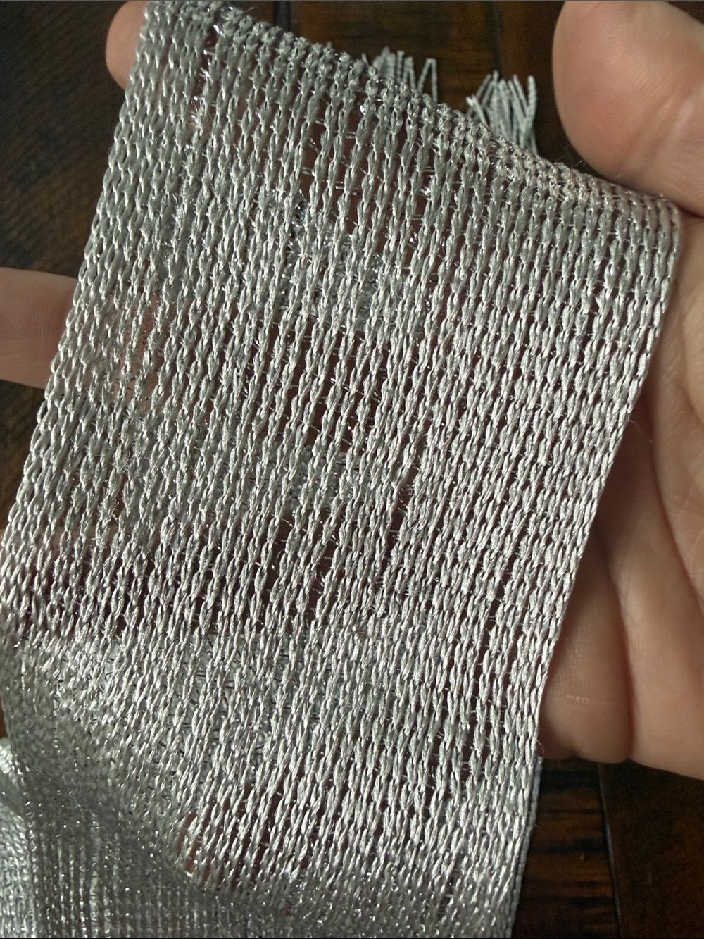 Silver Long Scarf with Fringe - Lightweight Metallic Knit - Picture 8 of 9